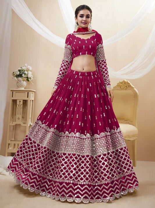 Odette Dark Pink Georgette Embroidered Semi Stitched Lehenga With Unstitched Blouse For Women