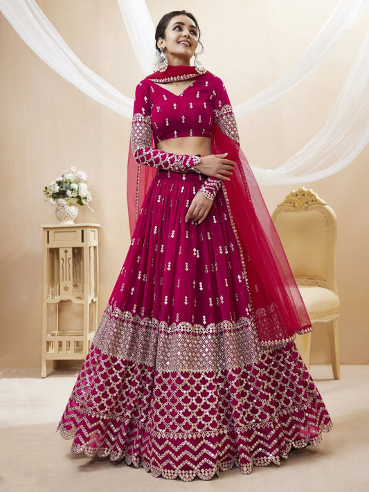 Odette Dark Pink Georgette Embroidered Semi Stitched Lehenga With Unstitched Blouse For Women