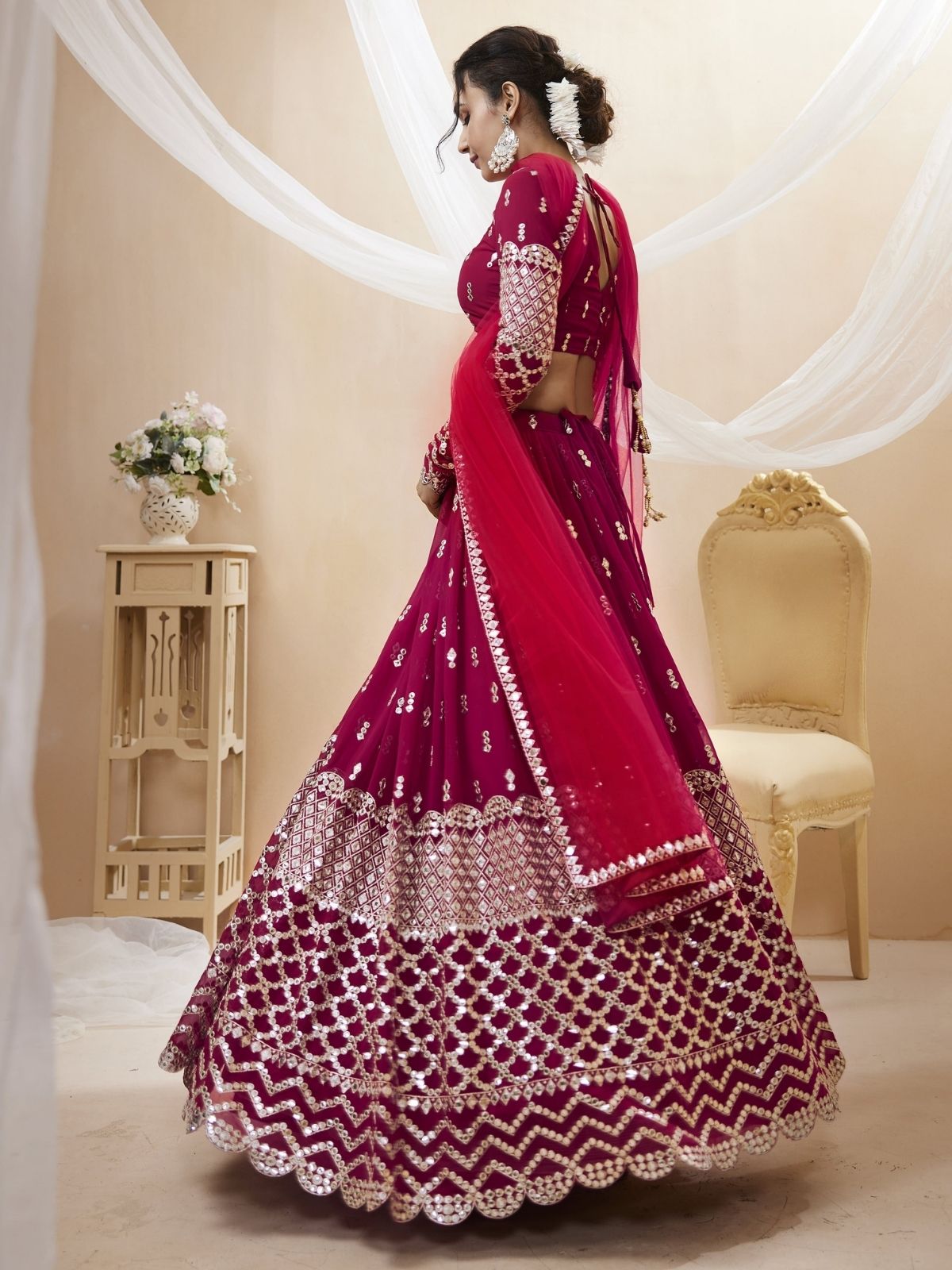 Odette Dark Pink Georgette Embroidered Semi Stitched Lehenga With Unstitched Blouse For Women