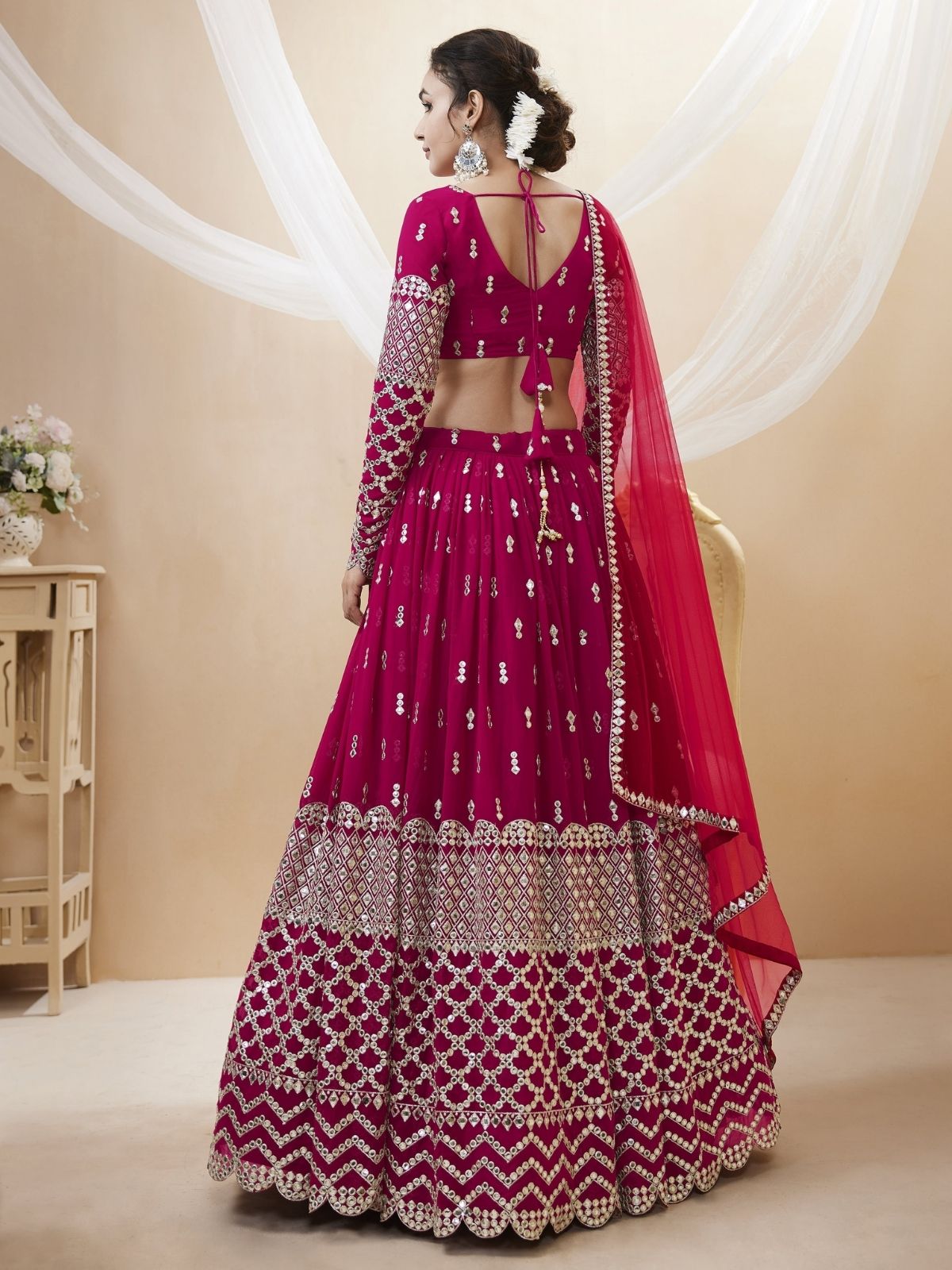 Odette Dark Pink Georgette Embroidered Semi Stitched Lehenga With Unstitched Blouse For Women