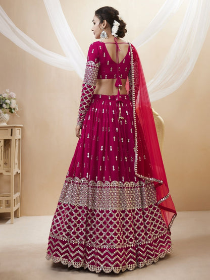 Odette Dark Pink Georgette Embroidered Semi Stitched Lehenga With Unstitched Blouse For Women