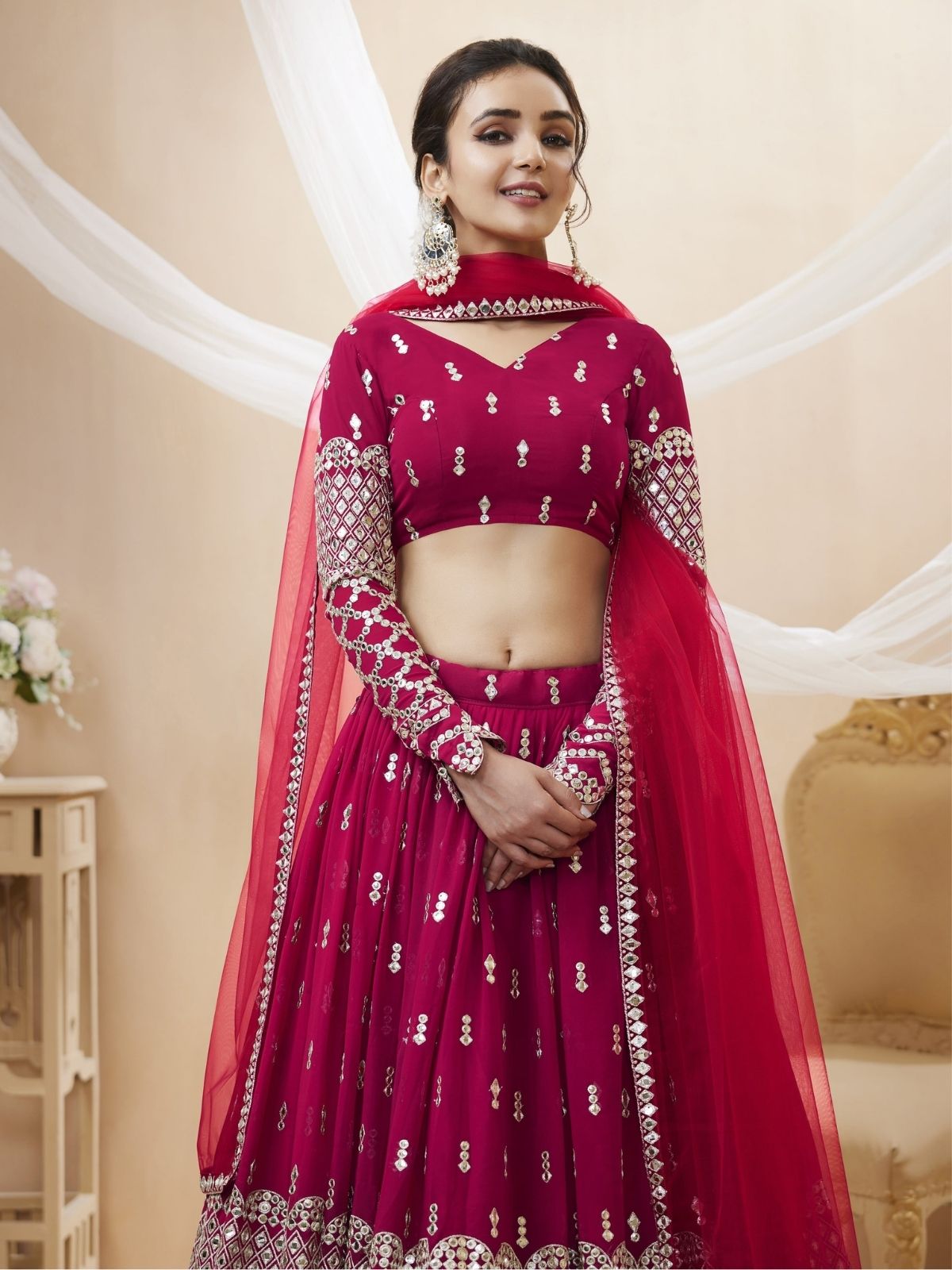 Odette Dark Pink Georgette Embroidered Semi Stitched Lehenga With Unstitched Blouse For Women