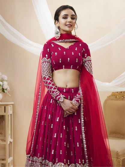 Odette Dark Pink Georgette Embroidered Semi Stitched Lehenga With Unstitched Blouse For Women