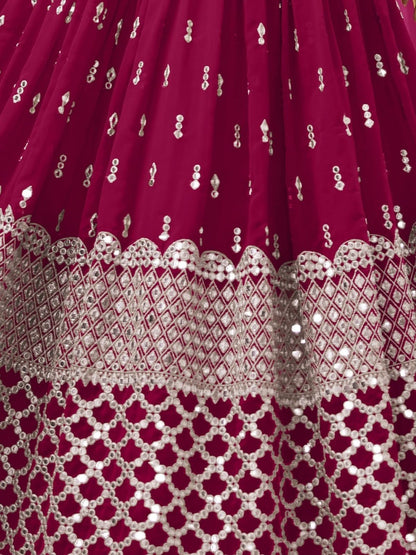 Odette Dark Pink Georgette Embroidered Semi Stitched Lehenga With Unstitched Blouse For Women