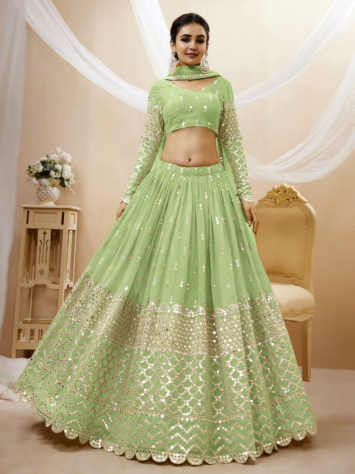Odette Green Georgette Embroidered Semi Stitched Lehenga With Unstitched Blouse For Women