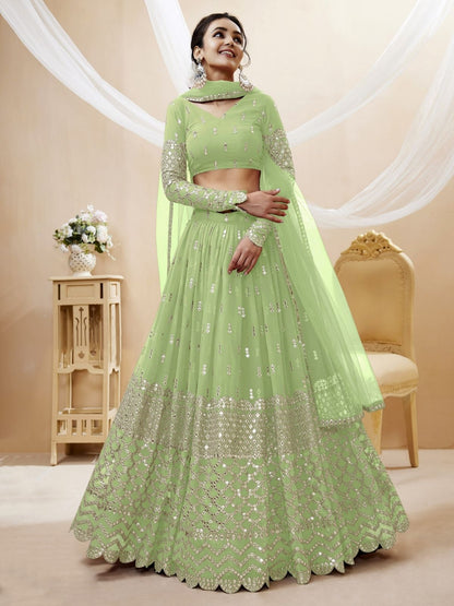 Odette Green Georgette Embroidered Semi Stitched Lehenga With Unstitched Blouse For Women