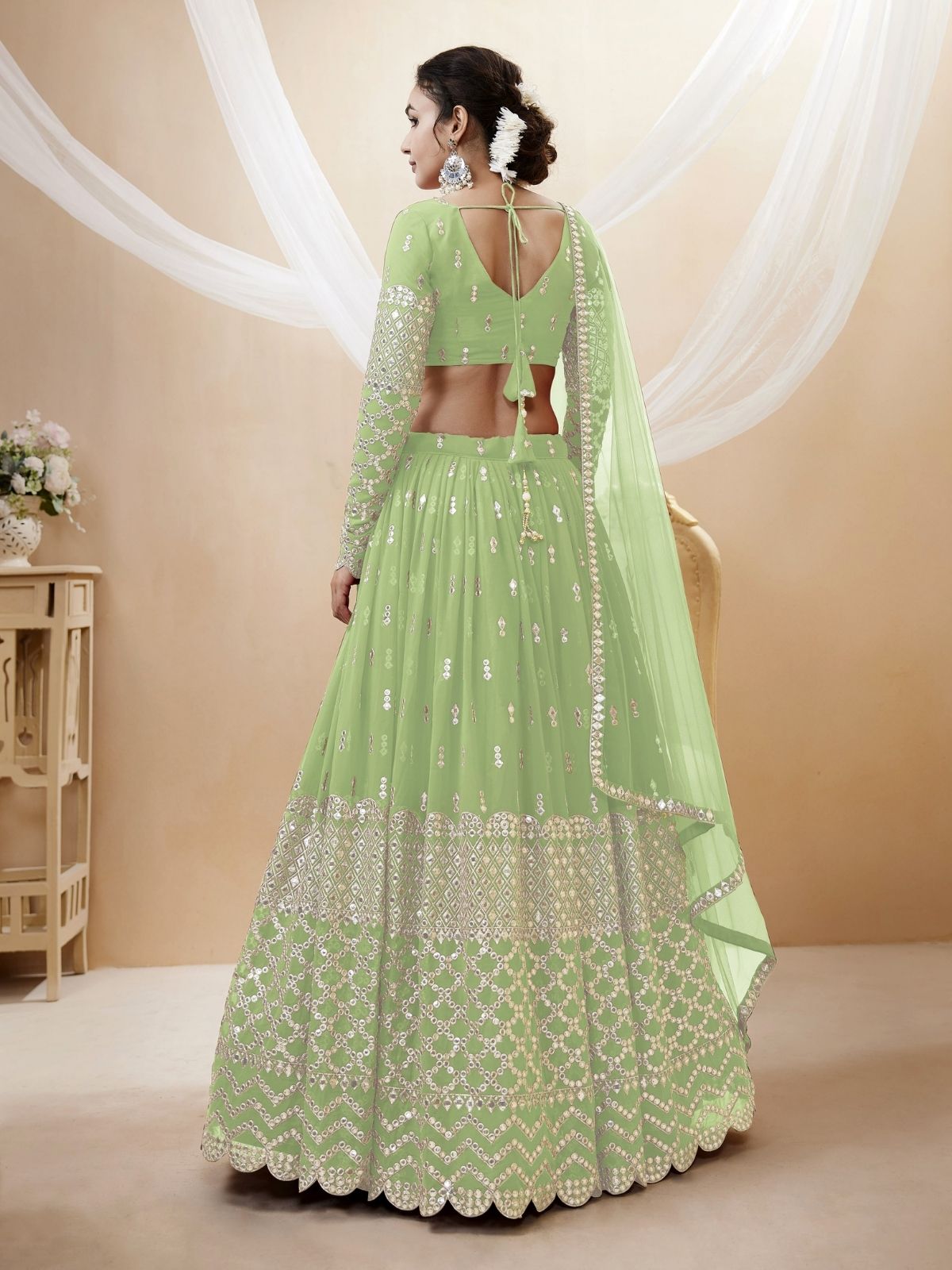Odette Green Georgette Embroidered Semi Stitched Lehenga With Unstitched Blouse For Women