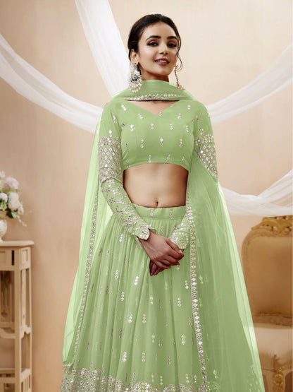 Odette Green Georgette Embroidered Semi Stitched Lehenga With Unstitched Blouse For Women