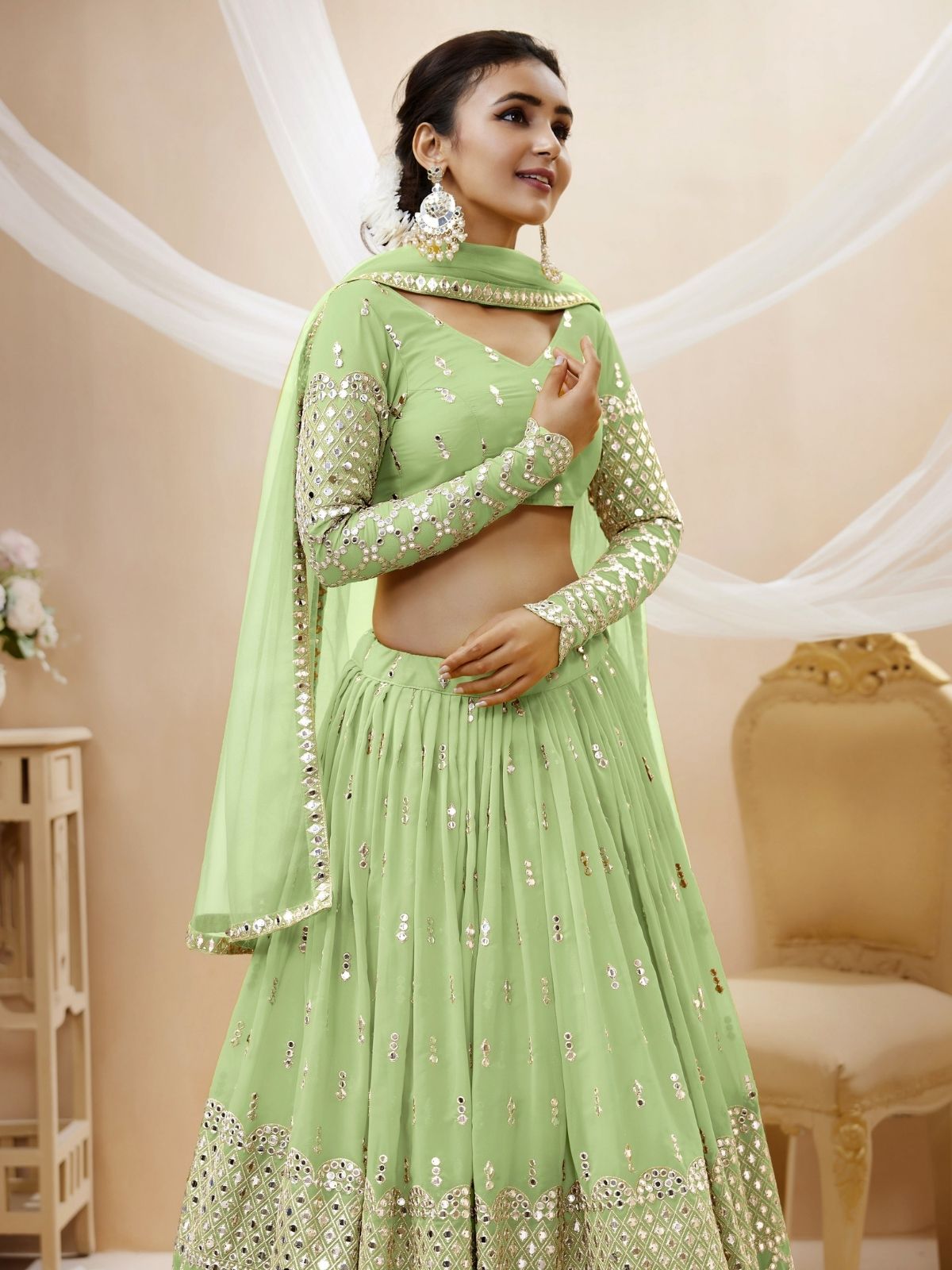 Odette Green Georgette Embroidered Semi Stitched Lehenga With Unstitched Blouse For Women