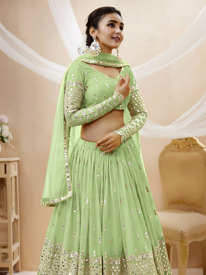 Odette Green Georgette Embroidered Semi Stitched Lehenga With Unstitched Blouse For Women