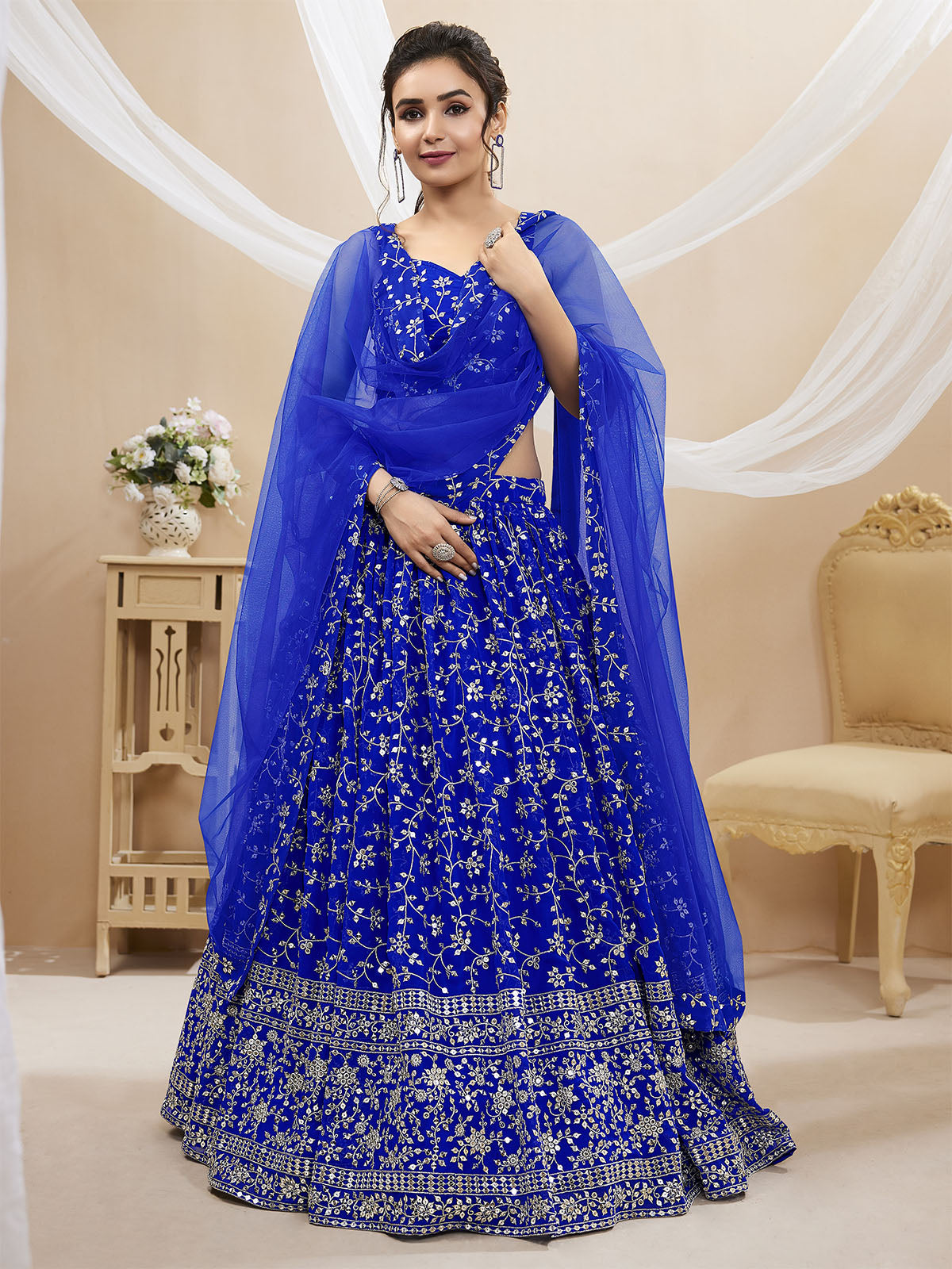 Odette Blue Georgette Embellished Semi Stitched Lehenga With Unstitched Blouse For Women