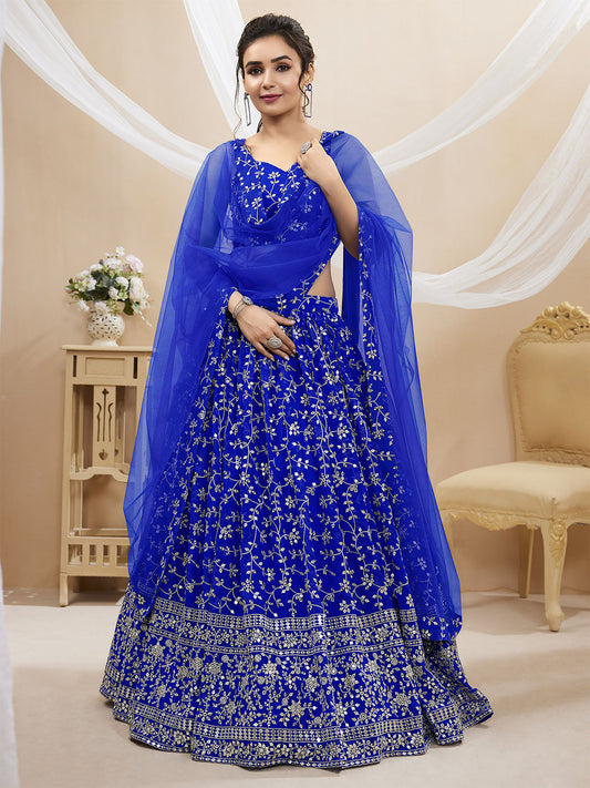Odette Blue Georgette Embellished Semi Stitched Lehenga With Unstitched Blouse For Women