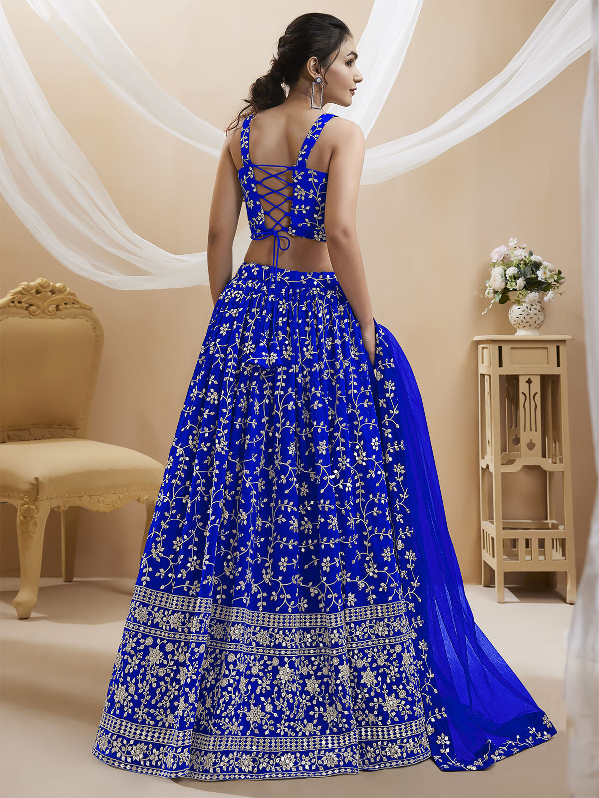 Odette Blue Georgette Embellished Semi Stitched Lehenga With Unstitched Blouse For Women