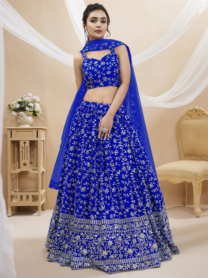 Odette Blue Georgette Embellished Semi Stitched Lehenga With Unstitched Blouse For Women