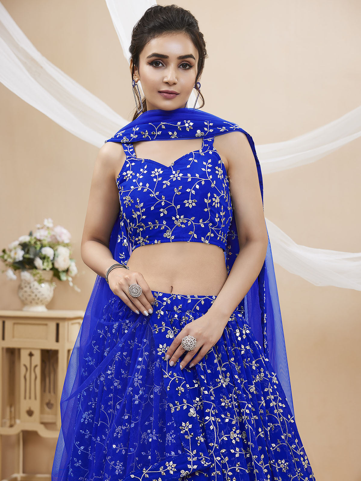 Odette Blue Georgette Embellished Semi Stitched Lehenga With Unstitched Blouse For Women