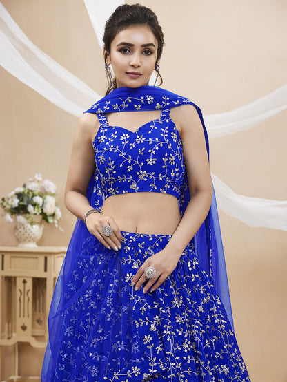Odette Blue Georgette Embellished Semi Stitched Lehenga With Unstitched Blouse For Women