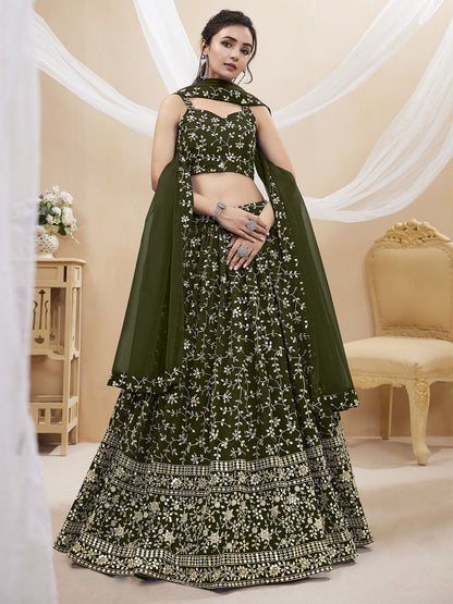 Odette Olive Georgette Embellished Semi Stitched Lehenga With Unstitched Blouse For Women