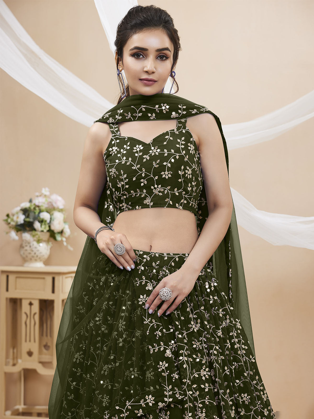 Odette Olive Georgette Embellished Semi Stitched Lehenga With Unstitched Blouse For Women