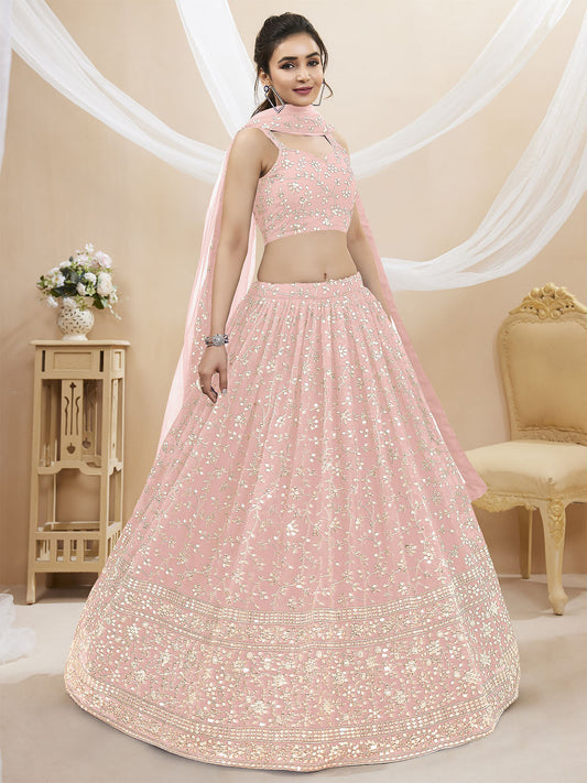 Odette Light Pink Georgette Embellished Semi Stitched Lehenga With Unstitched Blouse For Women