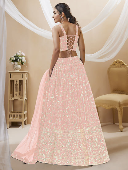 Odette Light Pink Georgette Embellished Semi Stitched Lehenga With Unstitched Blouse For Women
