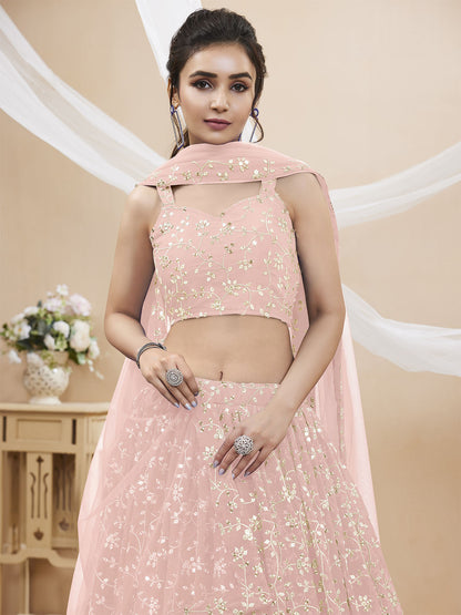 Odette Light Pink Georgette Embellished Semi Stitched Lehenga With Unstitched Blouse For Women
