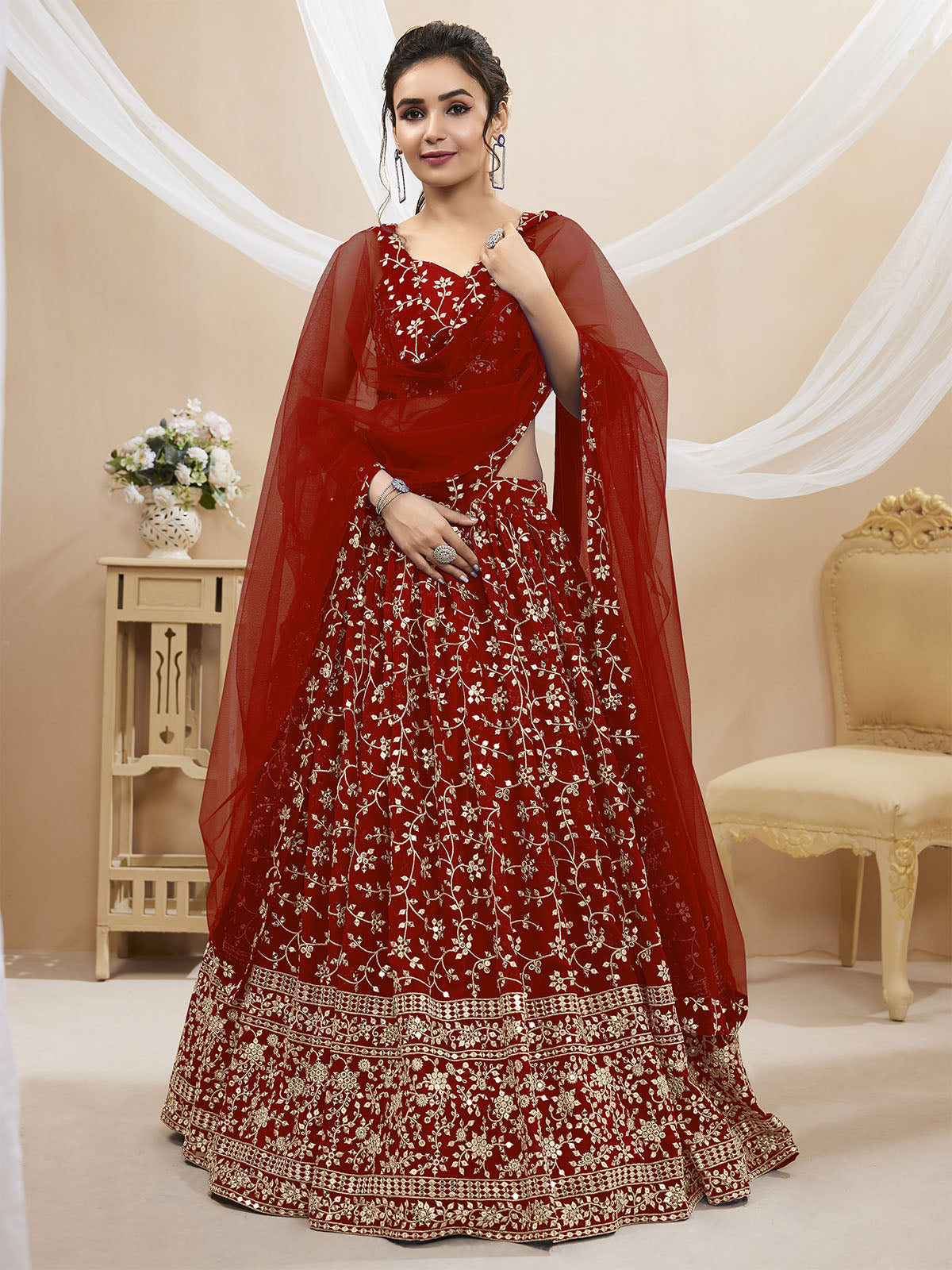 Odette Red Georgette Embellished Semi Stitched Lehenga With Unstitched Blouse For Women