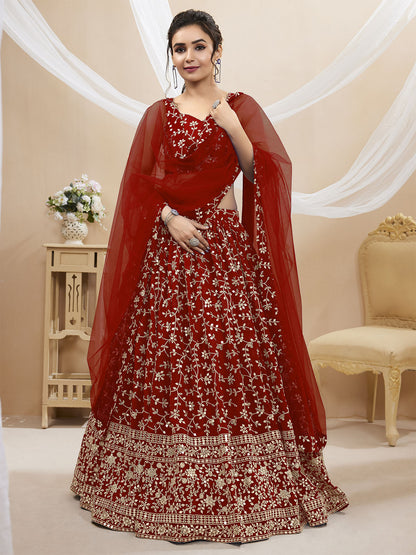 Odette Red Georgette Embellished Semi Stitched Lehenga With Unstitched Blouse For Women