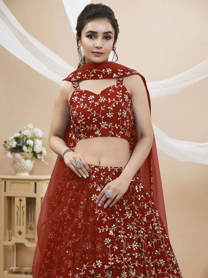 Odette Red Georgette Embellished Semi Stitched Lehenga With Unstitched Blouse For Women