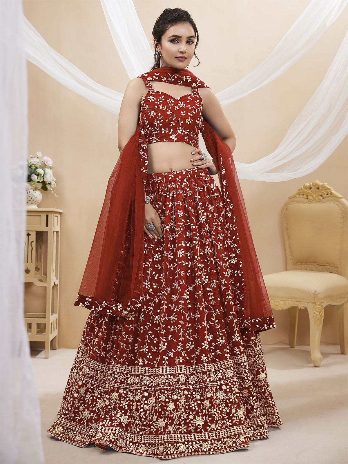 Odette Red Georgette Embellished Semi Stitched Lehenga With Unstitched Blouse For Women