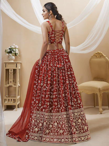 Odette Red Georgette Embellished Semi Stitched Lehenga With Unstitched Blouse For Women