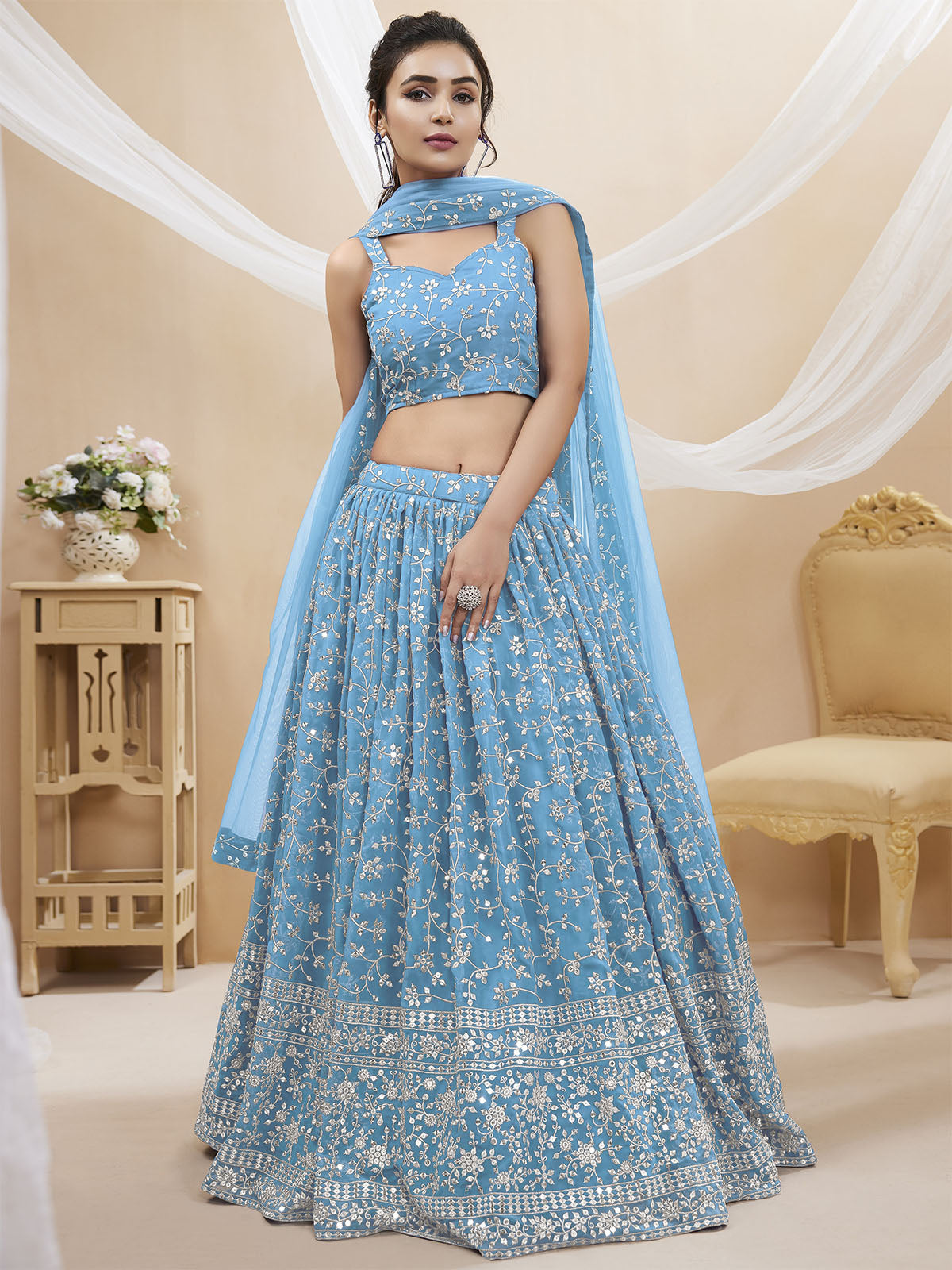 Odette Light Blue Georgette Embellished Semi Stitched Lehenga With Unstitched Blouse For Women
