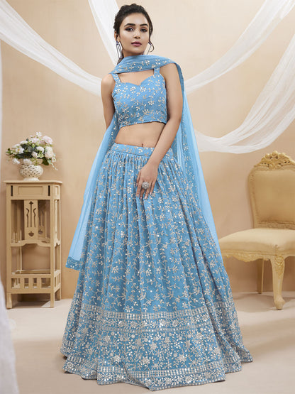 Odette Light Blue Georgette Embellished Semi Stitched Lehenga With Unstitched Blouse For Women
