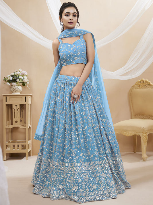 Odette Light Blue Georgette Embellished Semi Stitched Lehenga With Unstitched Blouse For Women