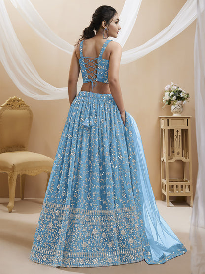 Odette Light Blue Georgette Embellished Semi Stitched Lehenga With Unstitched Blouse For Women