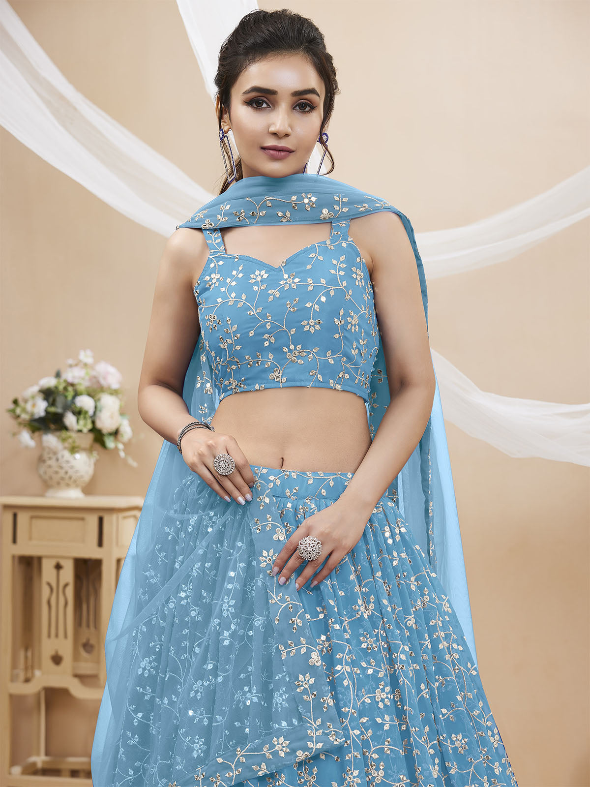 Odette Light Blue Georgette Embellished Semi Stitched Lehenga With Unstitched Blouse For Women