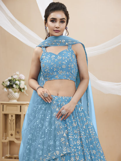 Odette Light Blue Georgette Embellished Semi Stitched Lehenga With Unstitched Blouse For Women
