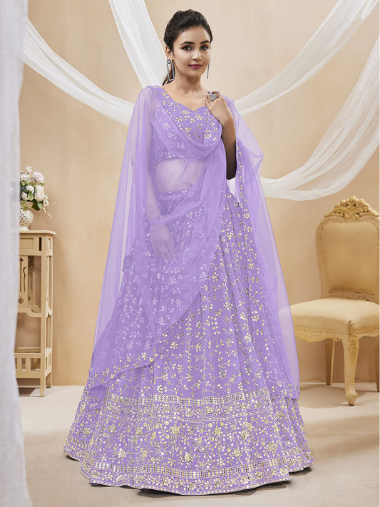 Odette Lavender Georgette Embellished Semi Stitched Lehenga With Unstitched Blouse For Women