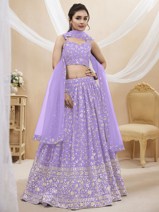 Odette Lavender Georgette Embellished Semi Stitched Lehenga With Unstitched Blouse For Women