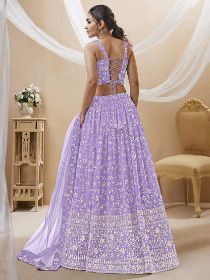 Odette Lavender Georgette Embellished Semi Stitched Lehenga With Unstitched Blouse For Women