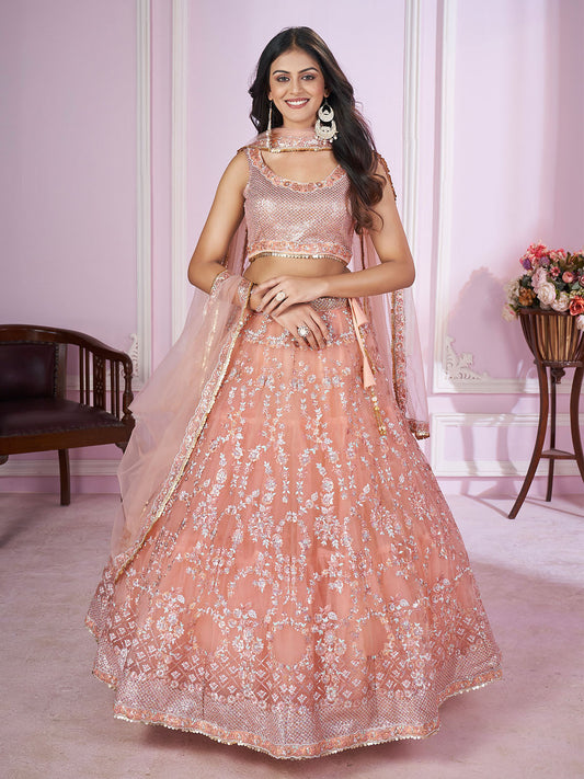 Odette Peach Soft Net Embellished Semi Stitched Lehenga With Unstitched Blouse For Women