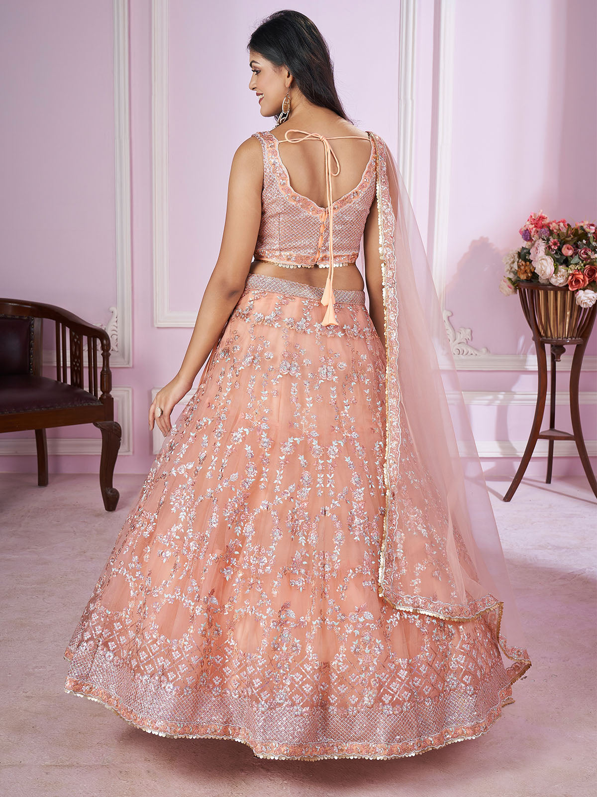 Odette Peach Soft Net Embellished Semi Stitched Lehenga With Unstitched Blouse For Women