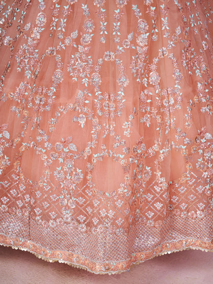 Odette Peach Soft Net Embellished Semi Stitched Lehenga With Unstitched Blouse For Women