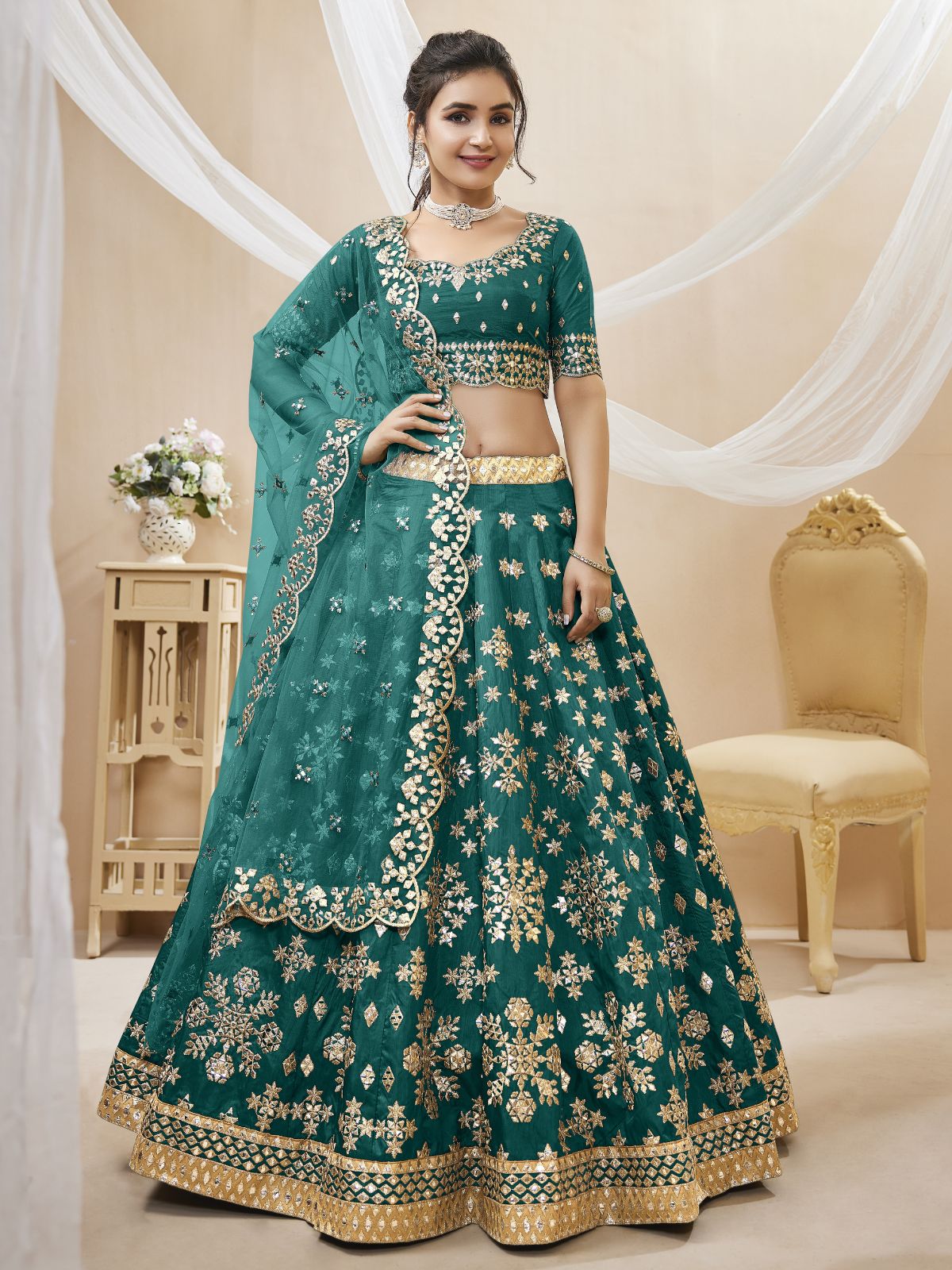 Odette Green Art Silk Embroidered Semi Stitched Lehenga With Unstitched Blouse For Women