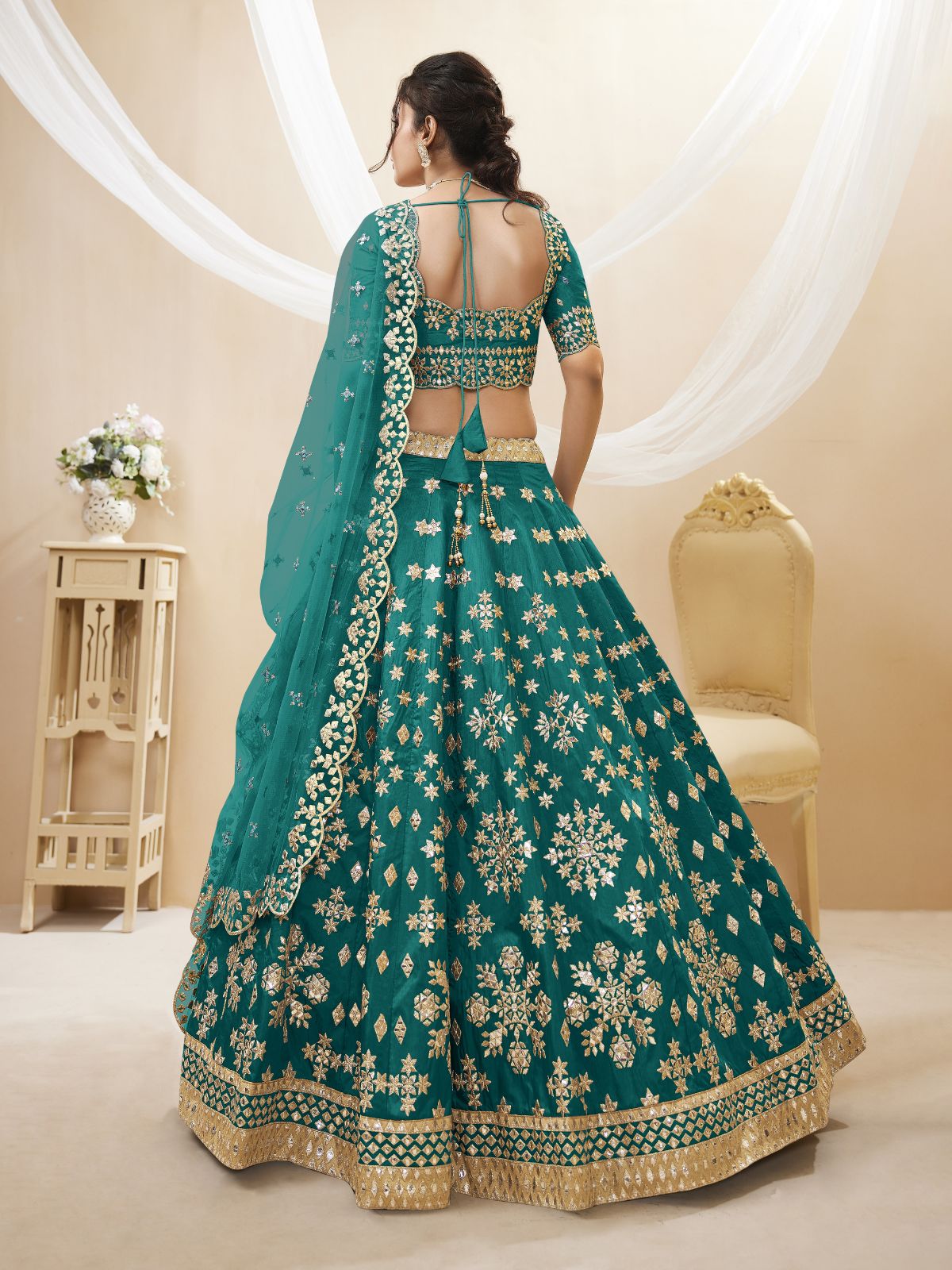 Odette Green Art Silk Embroidered Semi Stitched Lehenga With Unstitched Blouse For Women