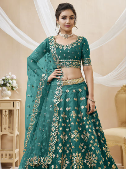 Odette Green Art Silk Embroidered Semi Stitched Lehenga With Unstitched Blouse For Women