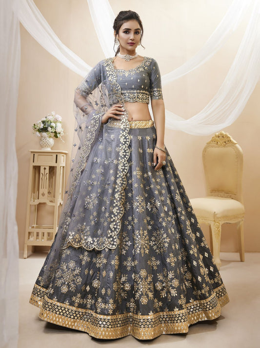 Odette Grey Art Silk Embroidered Semi Stitched Lehenga With Unstitched Blouse For Women