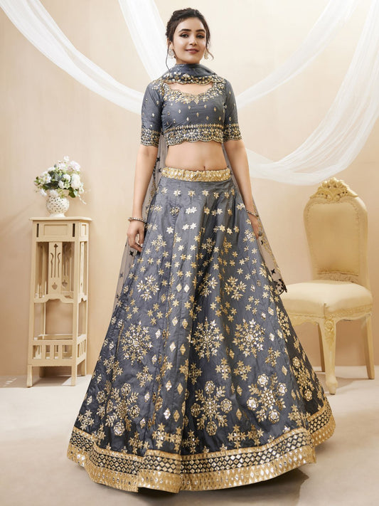 Odette Grey Art Silk Embroidered Semi Stitched Lehenga With Unstitched Blouse For Women