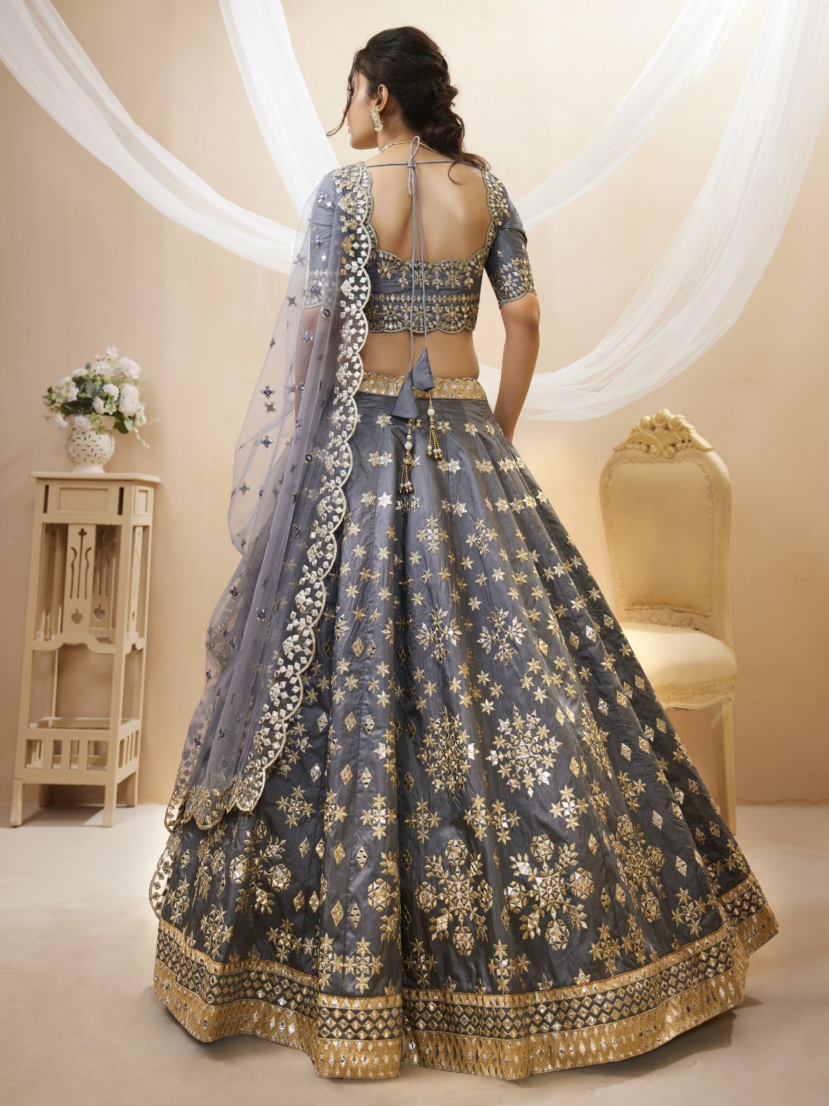 Odette Grey Art Silk Embroidered Semi Stitched Lehenga With Unstitched Blouse For Women