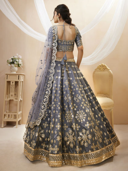 Odette Grey Art Silk Embroidered Semi Stitched Lehenga With Unstitched Blouse For Women