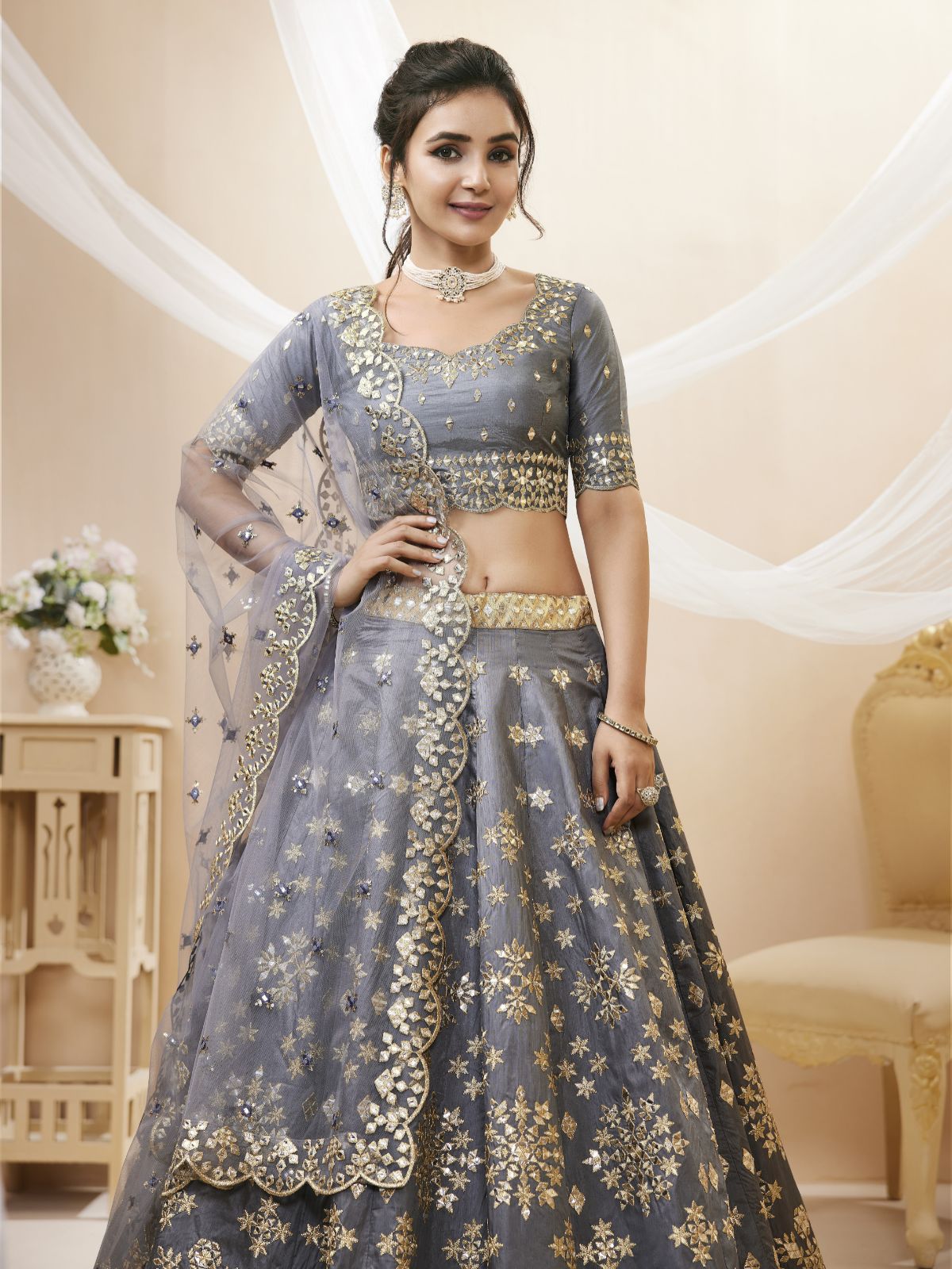 Odette Grey Art Silk Embroidered Semi Stitched Lehenga With Unstitched Blouse For Women